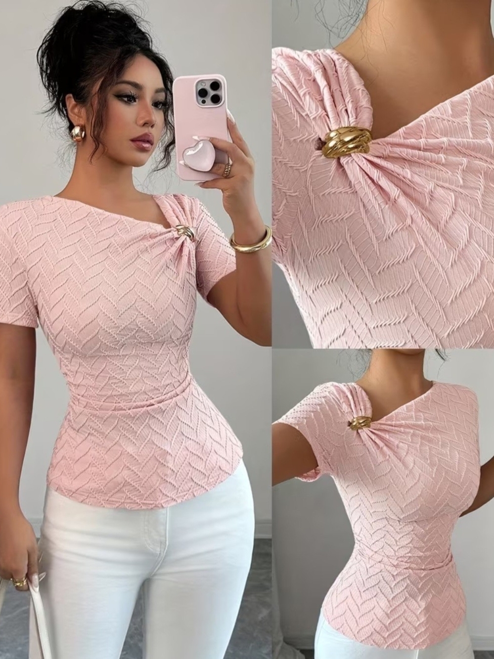 Elegant Pink Textured Twist-Shoulder Top